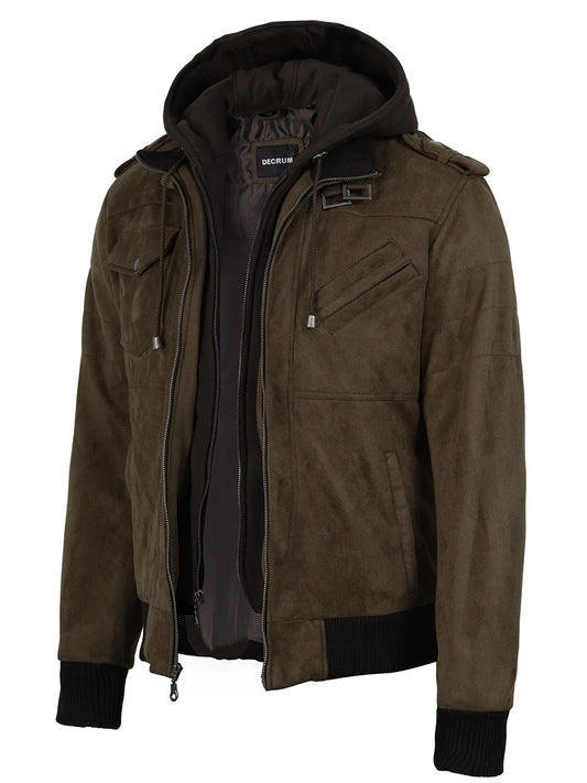 Men's Dark Brown Faux Suede Hooded Bomber Jacket