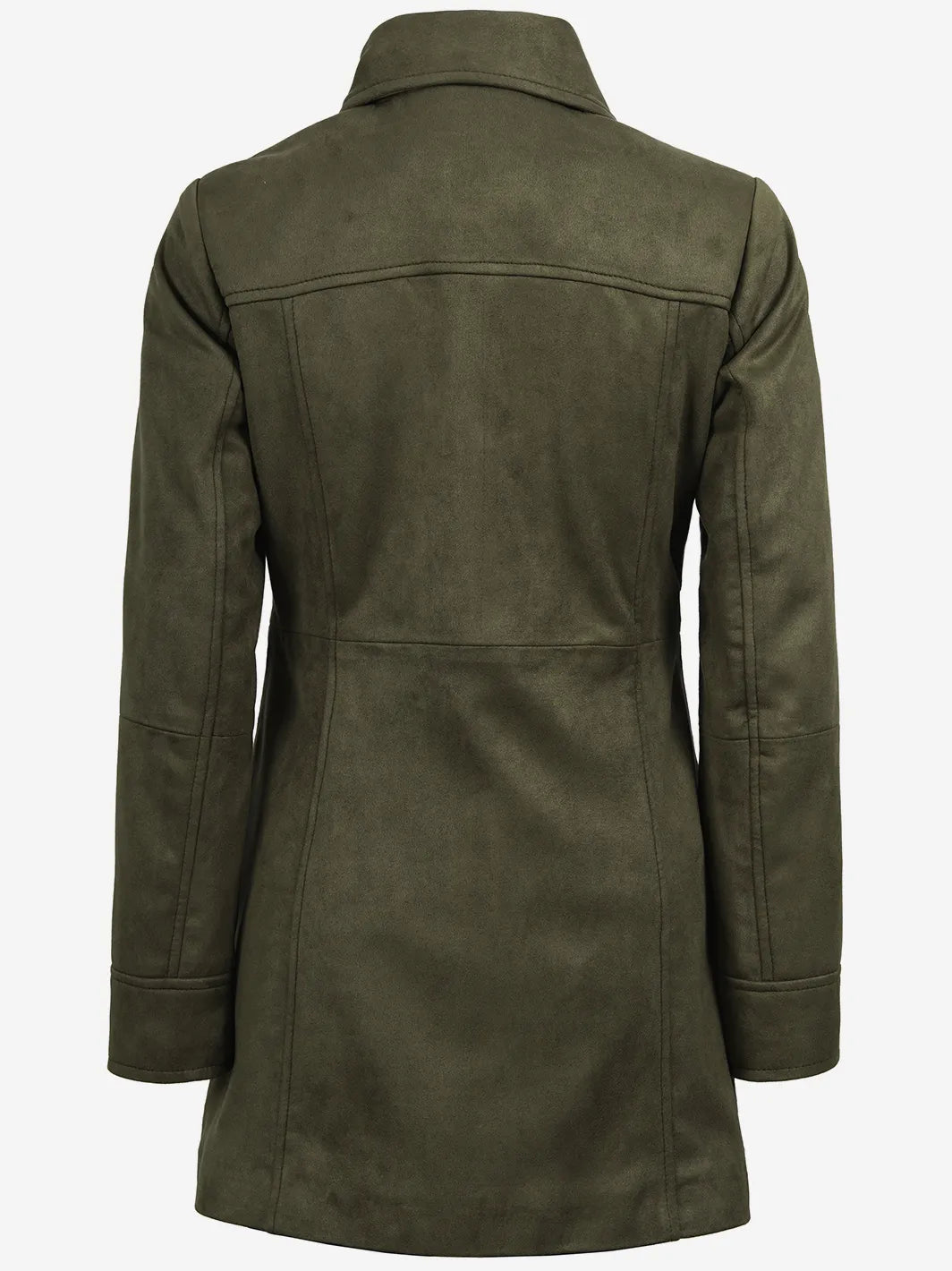Women's 3/4 Length Olive Green Faux Suede Coat — Button Front