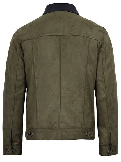 Men's Olive Green Faux Suede Trucker Jacket