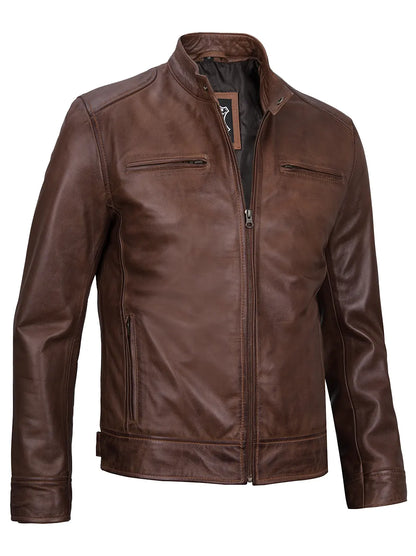 Dodge Men's Cognac Brown Leather Cafe Racer Jacket