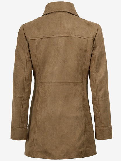 Women's 3/4 Length Camel Brown Faux Suede Coat — Button Front