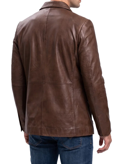 Men's Cognac Brown Two-Button Leather Blazer