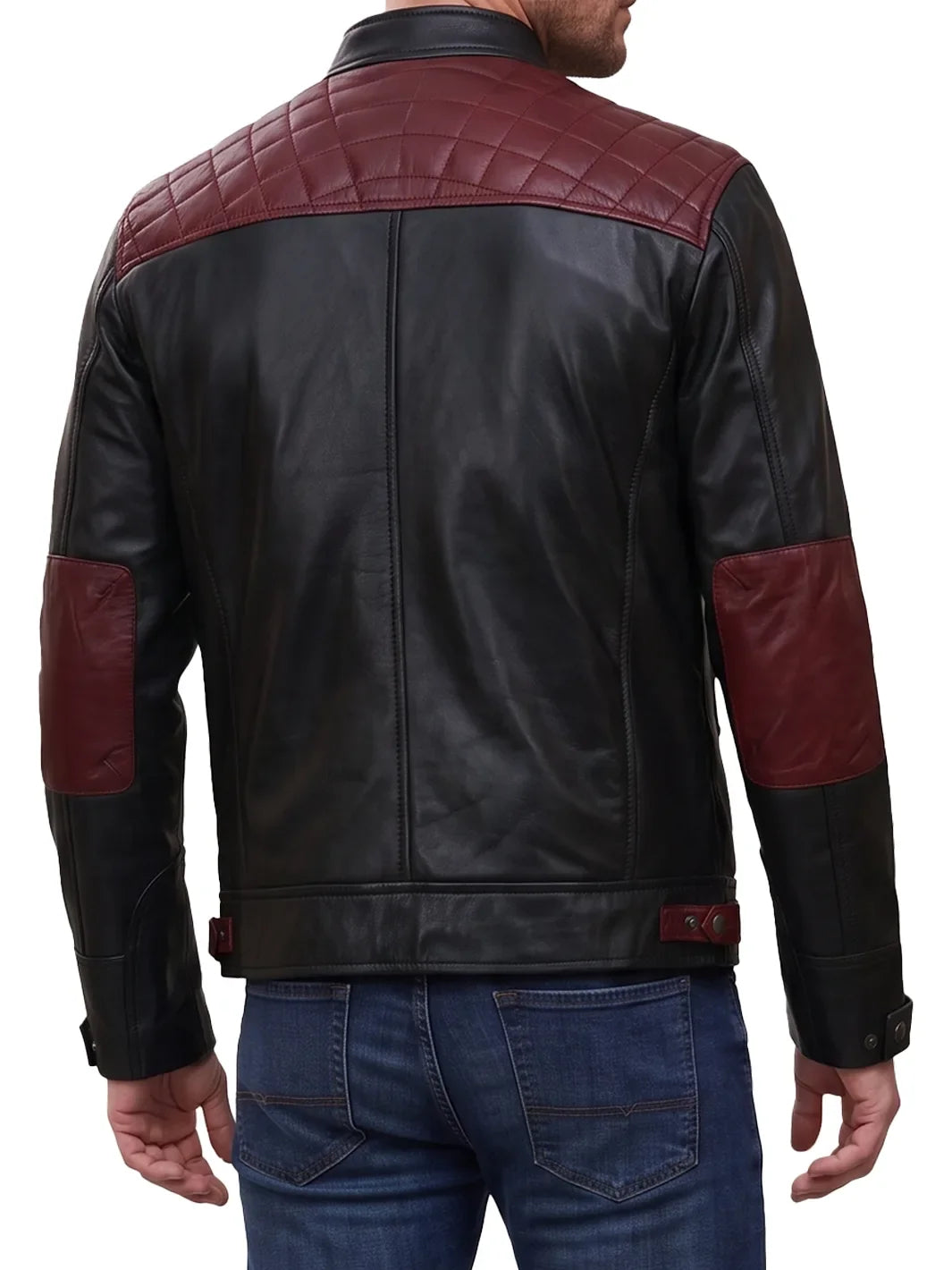 Men's Black and Burgundy Quilted Leather Cafe Racer Jacket