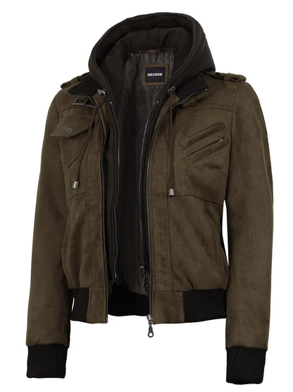 Women's Dark Brown Faux Suede Hooded Bomber Jacket