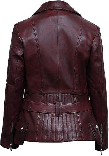 Retro Cafe Racer Brando Distressed Burgundy Biker Lambskin Leather Jacket For Women
