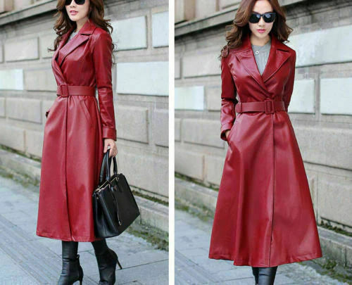 Women's Genuine Leather Pure Soft Lambskin Trench Coat Long Overcoat Max Jackets