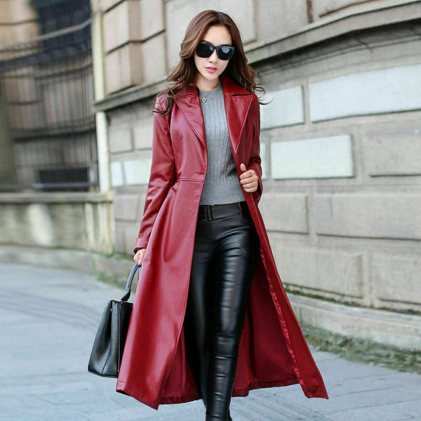 Women's Genuine Leather Pure Soft Lambskin Trench Coat Long Overcoat Max Jackets