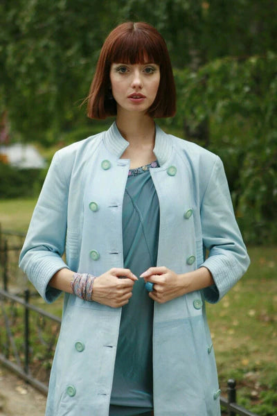 Women 100% genuine lamb lambskin leather Sky Blue trench Coat Max Jackets