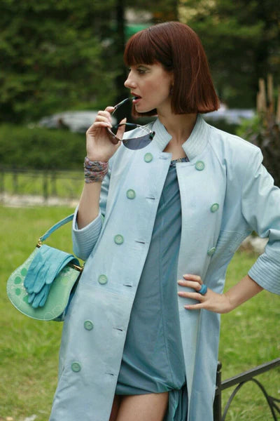 Women 100% genuine lamb lambskin leather Sky Blue trench Coat Max Jackets