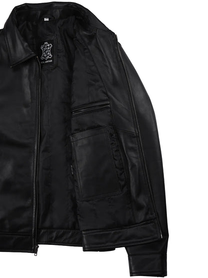 Men's Black Harrington Leather Jacket | Shirt Style Collar