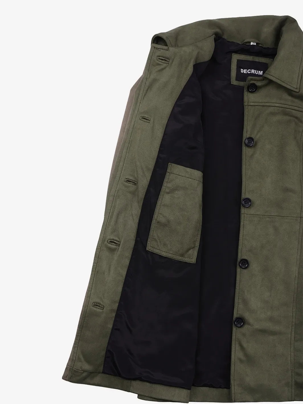 Women's 3/4 Length Olive Green Faux Suede Coat — Button Front