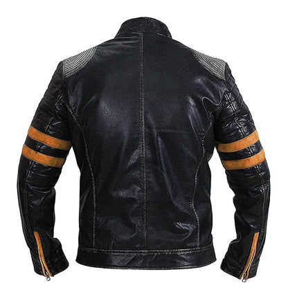 Men's Vintage Distressed Black Leather Biker Jacket with Quilted Shoulders and Stripes