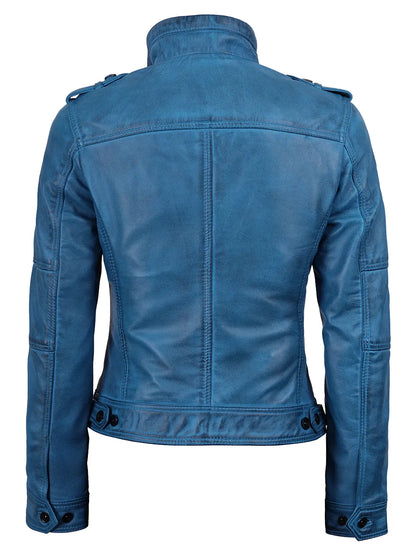 Tavares Womens Vivid Blue Biker Style Leather Jacket