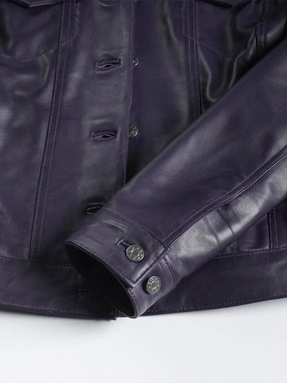Women's Purple Leather Trucker Jacket
