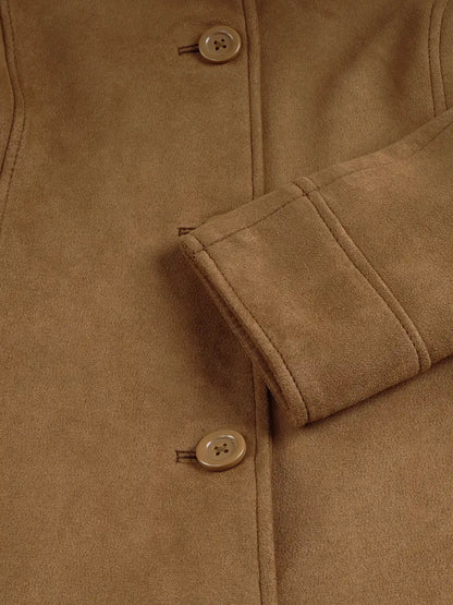 Women's 3/4 Length Light Brown Faux Suede Coat — Button Front