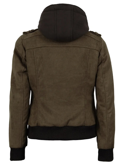 Women's Dark Brown Faux Suede Hooded Bomber Jacket