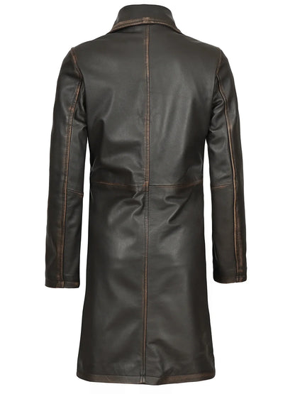 Women's Long Rub-Off Brown Lambskin Leather Coat