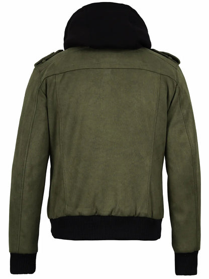 Men's Olive Green Faux Suede Hooded Bomber Jacket