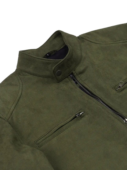 Men's Olive Green Faux Suede Cafe Racer Jacket