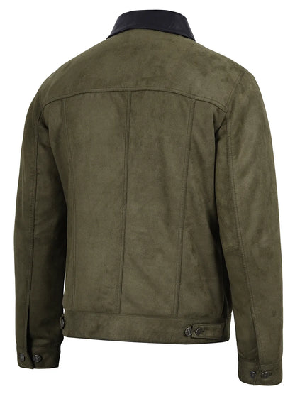 Men's Olive Green Faux Suede Trucker Jacket