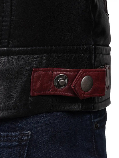 Men's Black and Burgundy Quilted Leather Cafe Racer Jacket