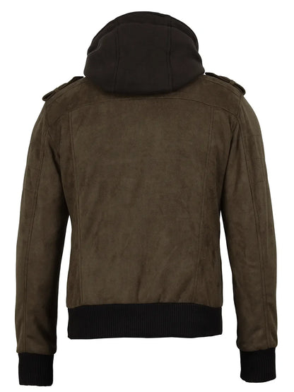 Men's Dark Brown Faux Suede Hooded Bomber Jacket