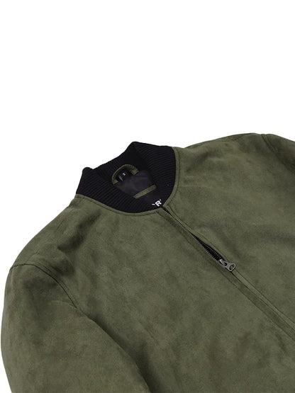 Men's Olive Green Faux Suede Bomber Jacket