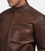 Men’s Brown Leather Jacket With Band Collar Max Jackets