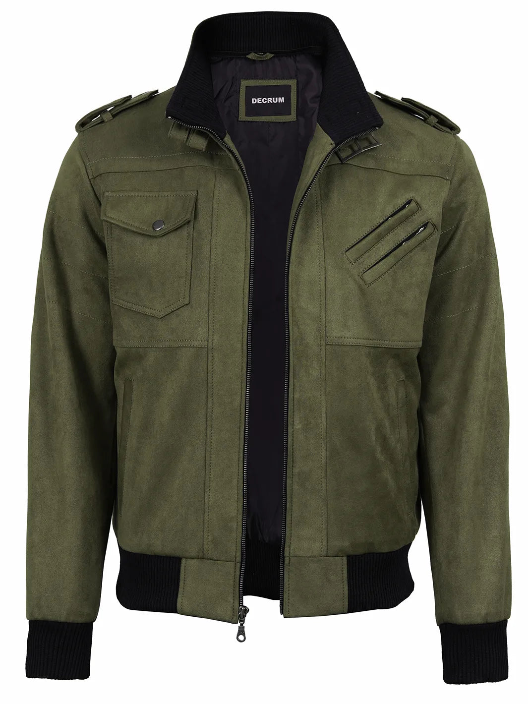 Men's Olive Green Faux Suede Hooded Bomber Jacket