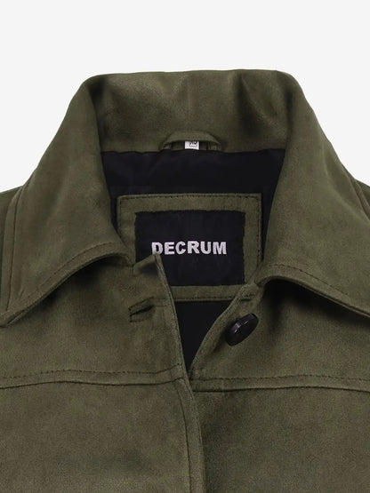 Women's 3/4 Length Olive Green Faux Suede Coat — Button Front