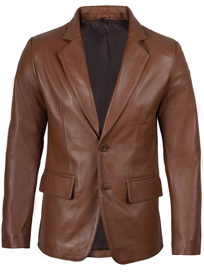 Men's Two Button Cognac Brown Leather Blazer