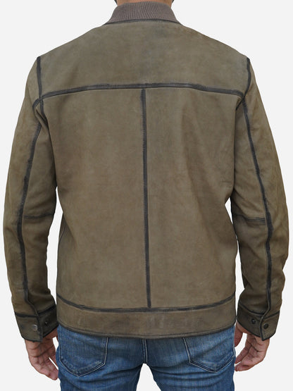 Men's Olive Green Suede Leather Bomber Jacket Max Jackets