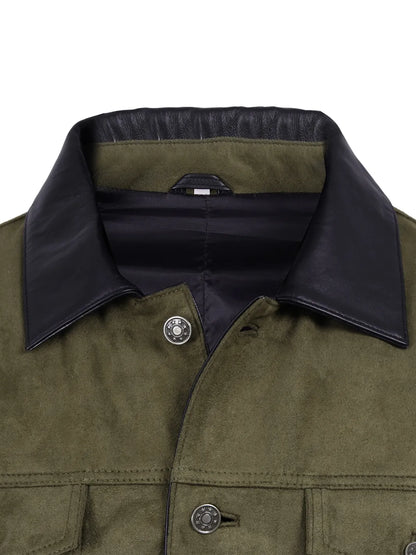 Men's Olive Green Faux Suede Trucker Jacket
