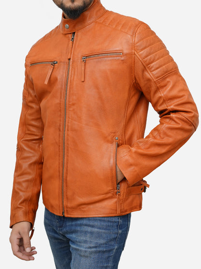 Men's Tan Brown Cafe Racer Leather Jacket Max Jackets