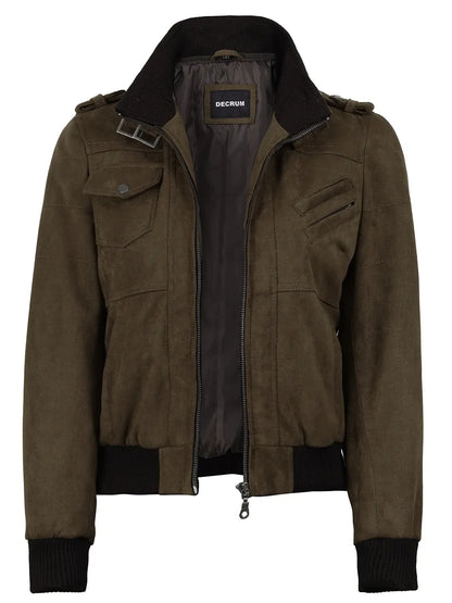 Women's Dark Brown Faux Suede Hooded Bomber Jacket