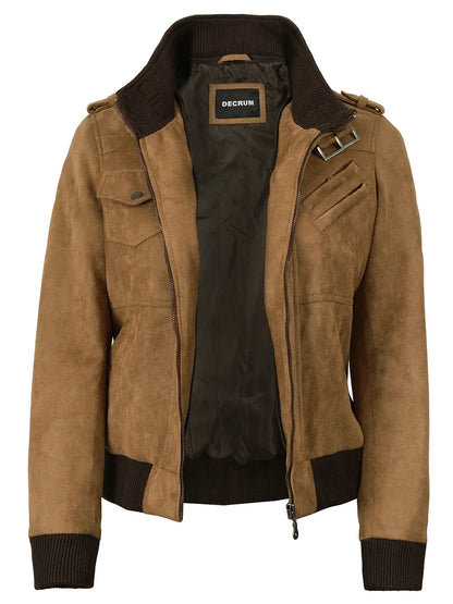 Women's Light Brown Faux Suede Hooded Bomber Jacket