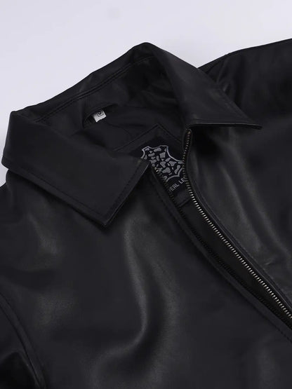 Men's Black Harrington Leather Jacket | Shirt Style Collar