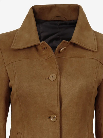 Women's 3/4 Length Light Brown Faux Suede Coat — Button Front