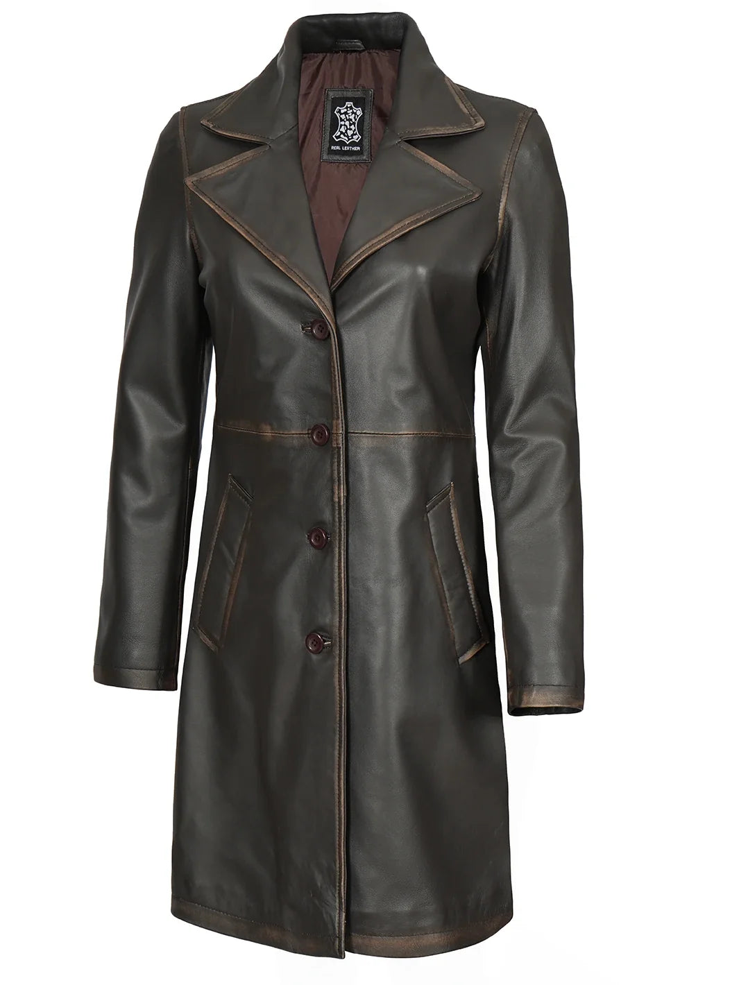Women's Long Rub-Off Brown Lambskin Leather Coat