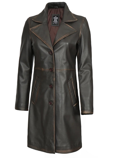 Women's Long Rub-Off Brown Lambskin Leather Coat