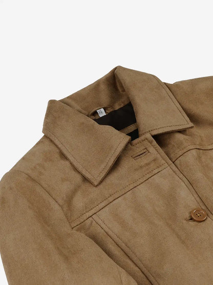 Women's 3/4 Length Camel Brown Faux Suede Coat — Button Front