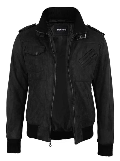 Men's Black Faux Suede Hooded Bomber Jacket