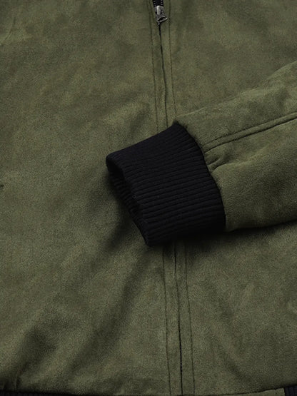 Men's Olive Green Faux Suede Bomber Jacket
