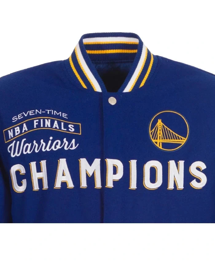 Blue wool jacket with snap-tab button closure and ribbed cuffs