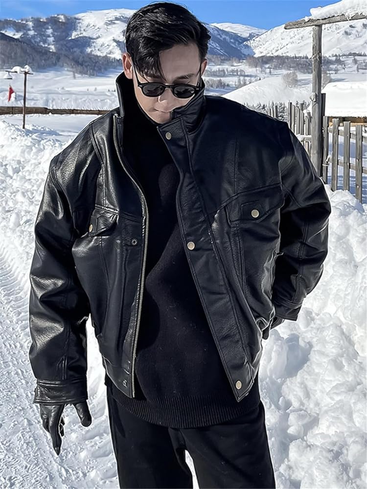 FULBHPRINT Men Autumn Winter Windproof Oversized Thickened Warm Black Faux Leather Max Jackets