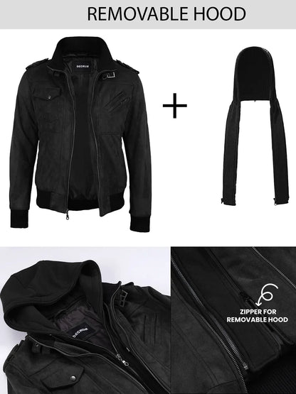 Men's Black Faux Suede Hooded Bomber Jacket