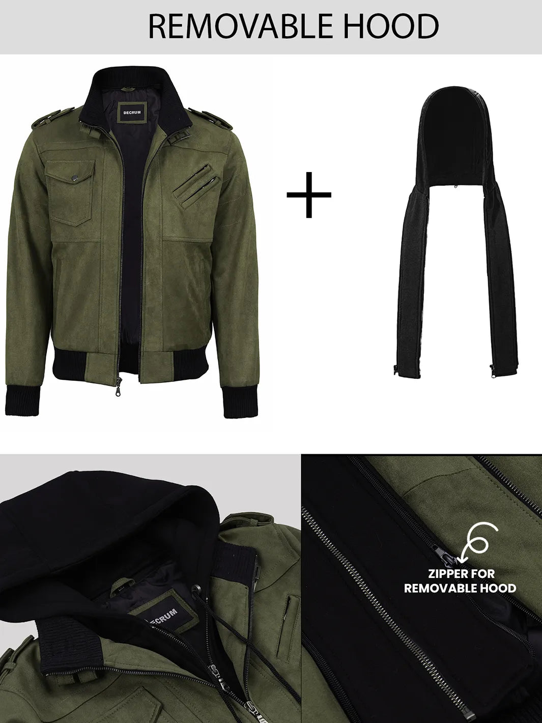 Men's Olive Green Faux Suede Hooded Bomber Jacket