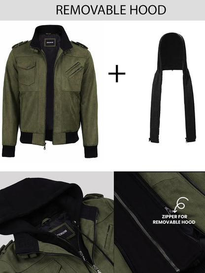 Men's Olive Green Faux Suede Hooded Bomber Jacket