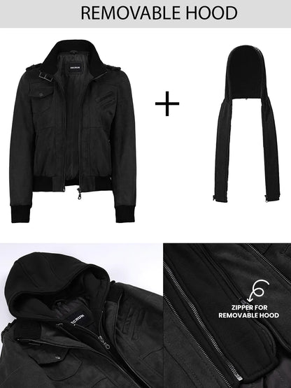 Women's Black Faux Suede Hooded Bomber Jacket