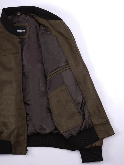 Men's Dark Brown Faux Suede Bomber Jacket